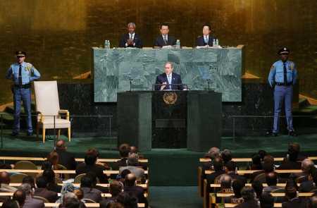 U.S. President George W. Bush addresses the General Assembly of the United Nations on November 10, 2001.