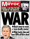 Click on the newspaper front page headlines photo for a larger image. On September 11 and 12, 2001 the world's newspapers print special editions and the world reads about the terrorist attacks on New York City and The Pentagon on 9-11-2001.